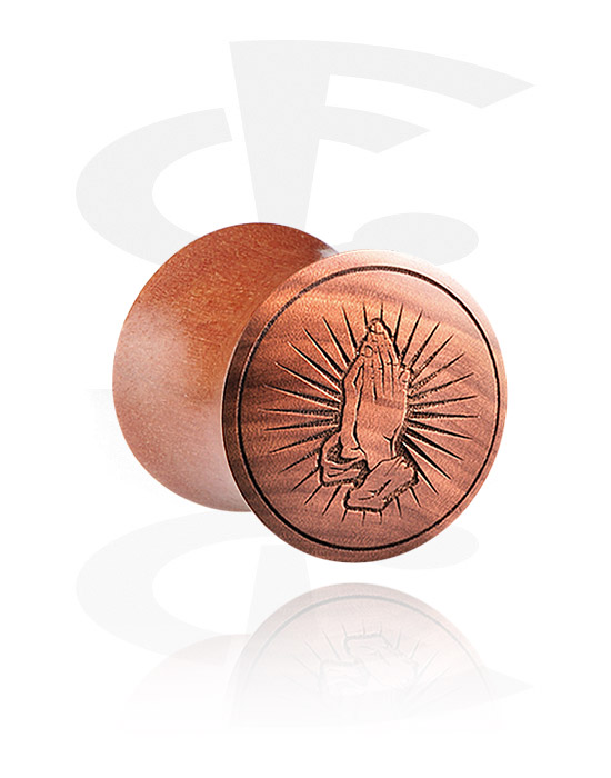 Tunnels & Plugs, Double flared plug (wood) with laser engraving "praying hands", Cherry Wood