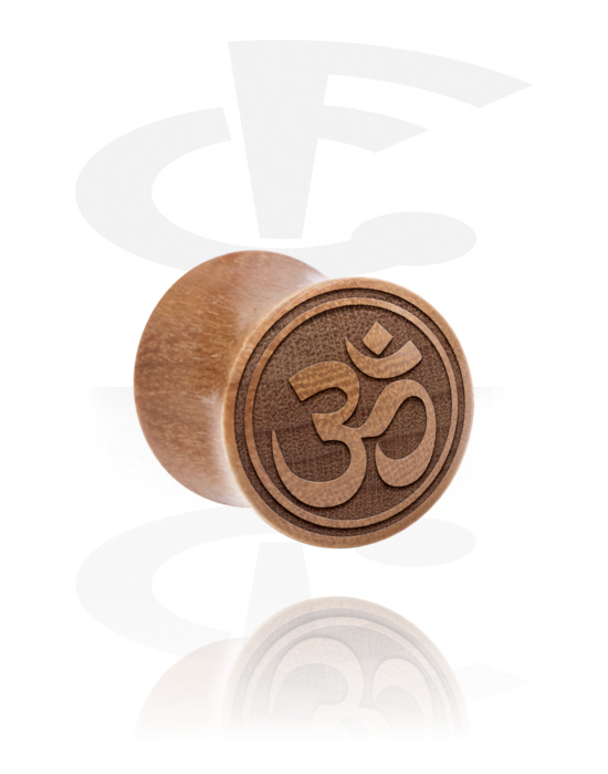 Tunnels & Plugs, Double flared plug (wood) with laser engraving "Om" sign, Cherry Wood