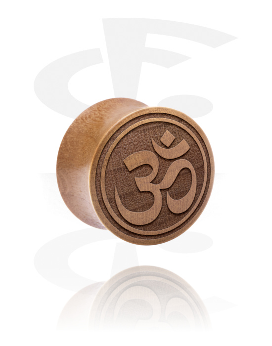 Tunnels & Plugs, Double flared plug (wood) with laser engraving "Om" sign, Cherry Wood