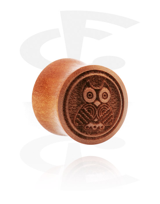 Tunnels & Plugs, Double flared plug (wood) with laser engraving "owl", Cherry Wood