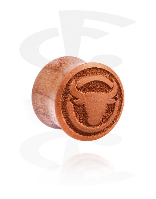 Tunnels & Plugs, Double flared plug (wood) with laser engraving "bull", Cherry Wood