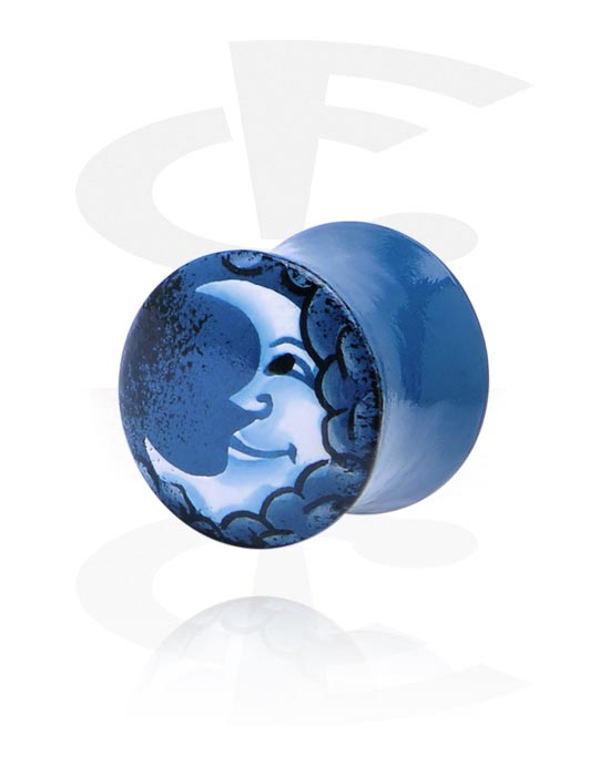 Tunnels & Plugs, Hand painted double flared plug (wood) with moon design, Wood
