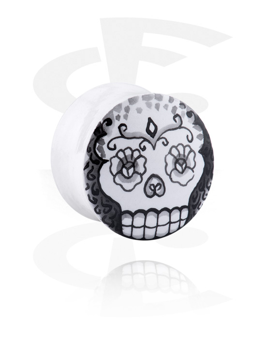 Alagutak és dugók, Hand painted double flared plug (wood) val vel black and white sugar skull "Dia de Los Muertos" design , Fa