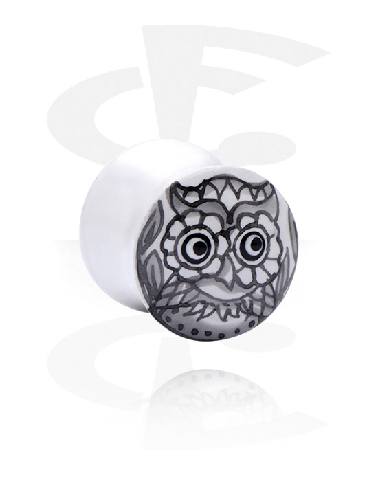 Tunnels & Plugs, Hand painted double flared plug (wood) with owl design, Wood