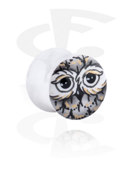 Tunnels & Plugs, Hand painted double flared plug (wood) with owl design, Wood