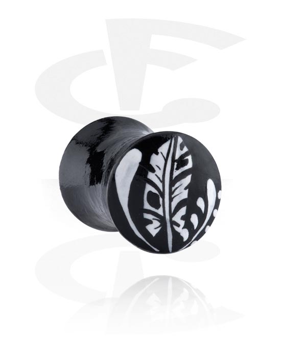 Tunnels & Plugs, Hand painted double flared plug (wood) with feather design, Crocodile Wood