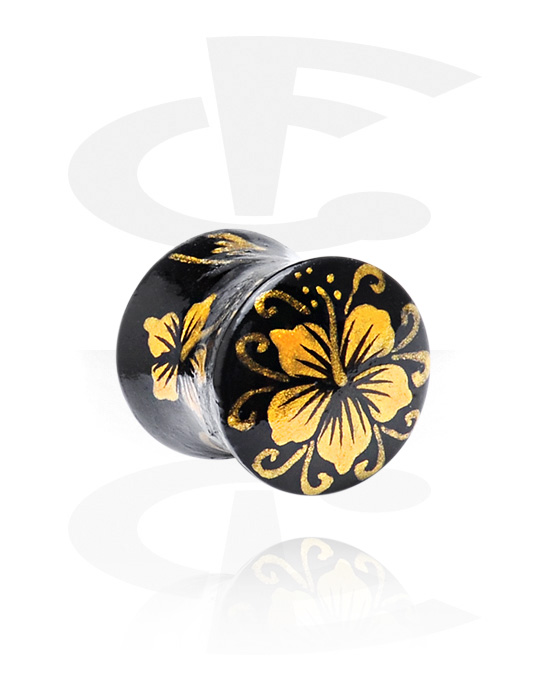 Tunnels & Plugs, Hand painted double flared plug (wood) with flower design, Crocodile Wood