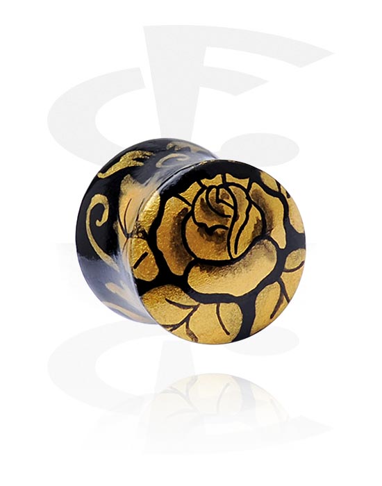 Tunnels & Plugs, Hand painted double flared plug (wood) with rose design, Crocodile Wood