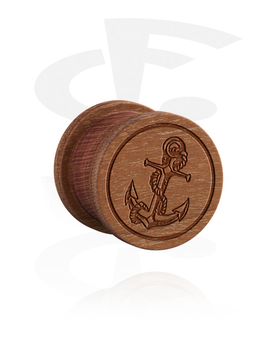 Tunnels & Plugs, Ribbed plug (wood) with laser engraving "anchor", Cherry Wood