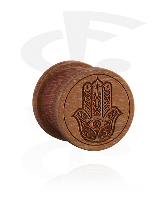Tunnels & Plugs, Ribbed plug (wood) with laser engraving "Hand of Fatima", Cherry Wood