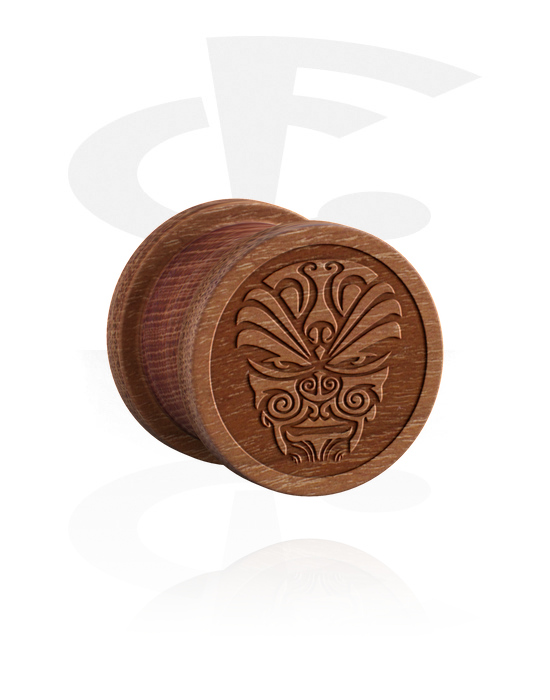 Tunnels & Plugs, Ribbed plug (wood) with lasered mask design, Cherry Wood