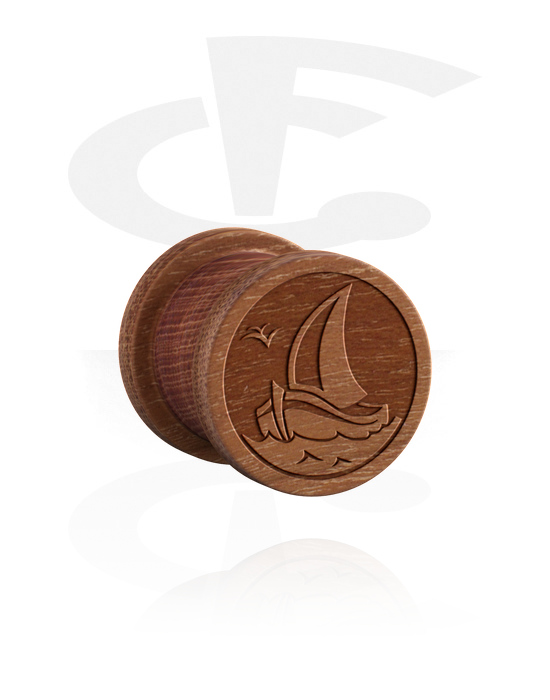 Tunnels & Plugs, Ribbed plug (wood) with laser engraving "ship", Cherry Wood