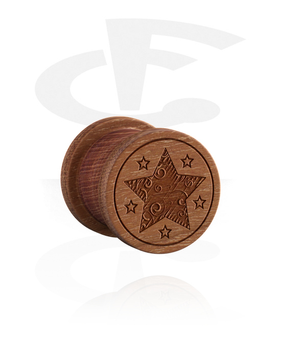 Tunnels & Plugs, Ribbed plug (wood) with laser engraving "star", Cherry Wood
