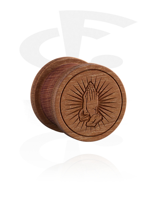 Tunnels & Plugs, Ribbed plug (wood) with laser engraving "praying hands", Cherry Wood