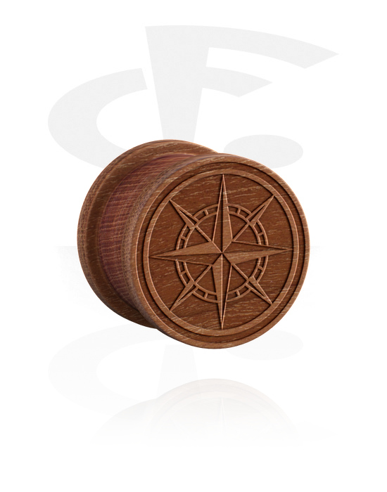 Tunnels & Plugs, Ribbed plug (wood) with laser engraving "compass", Cherry Wood