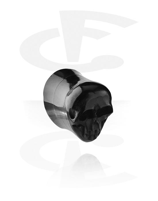 Tunnels & Plugs, Double flared plug (horn, black) with skull design, Horn