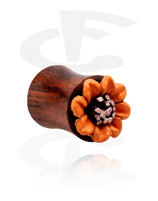 Tuneli & čepovi, Double Flared Plug with Flower Attachment, Wood, Leather