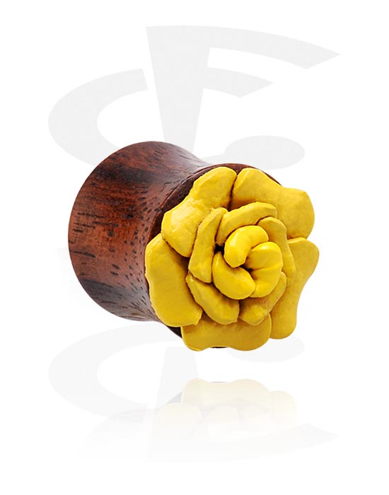 Tunnel & Plug, Double Flared Plug with Flower Attachment, Wood, Leather