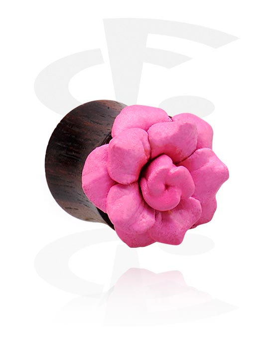 Tunnels & Plugs, Double Flared Plug with Flower Attachment, Wood, Leather
