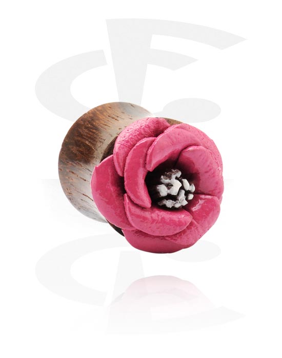 Tunnels & Plugs, Double Flared Plug with Flower Attachment, Wood, Leather