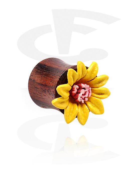 Tunnels og plugs, Double Flared Plug with Flower Attachment, Wood, Leather