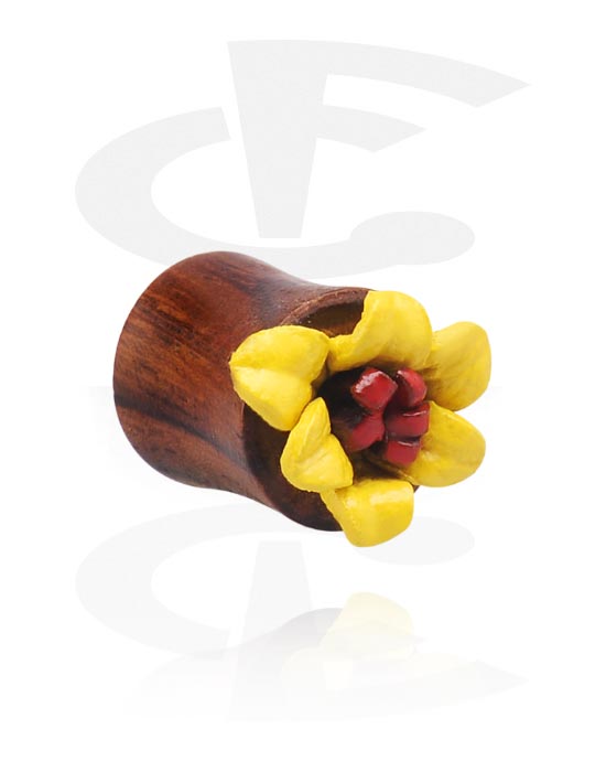 Alagutak és dugók, Double Flared Plug with Flower Attachment, Wood, Leather