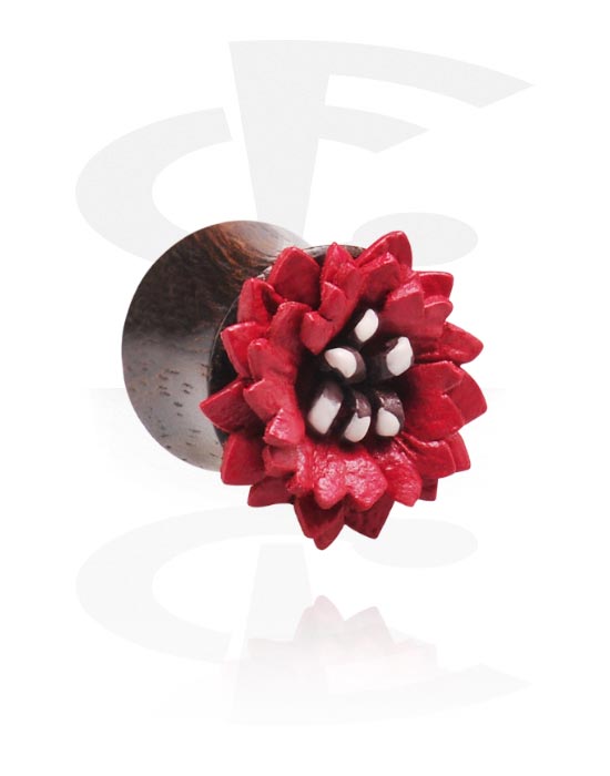 Tunnels og plugs, Double Flared Plug with Flower Attachment, Wood, Leather
