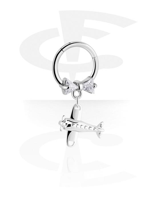 Piercing Rings, Piercing clicker (surgical steel, silver, shiny finish) with bow and airplane charm, Surgical Steel 316L, Plated Brass