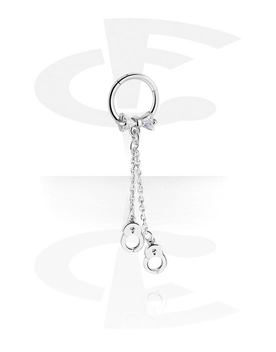 Piercing Rings, Piercing clicker (surgical steel, silver, shiny finish) with handcuff charm and crystal stones, Surgical Steel 316L, Plated Brass