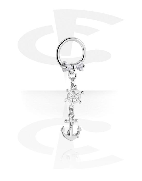 Piercing Rings, Piercing clicker (surgical steel, silver, shiny finish) with anchor charm and crystal stones, Surgical Steel 316L, Plated Brass