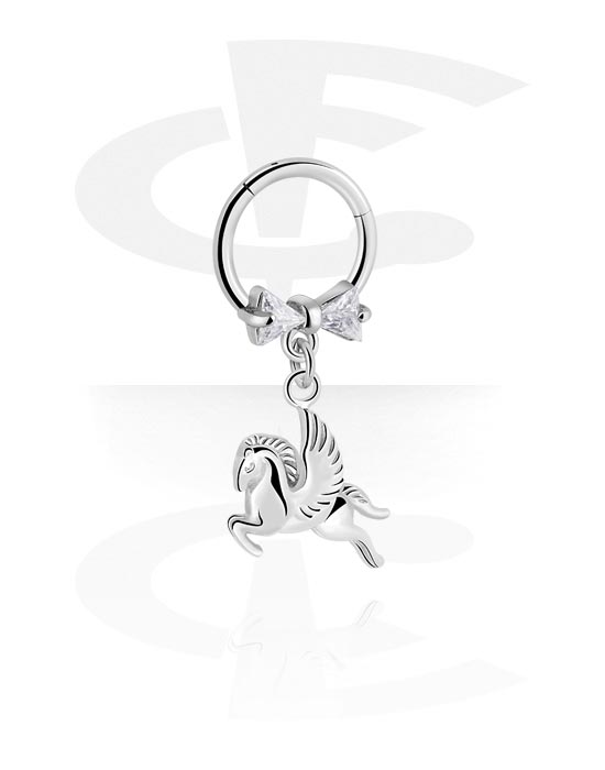 Alke za piercing, Segmentni prsten (kirurški čelik, srebrna, sjajna završna obrada) s mašnom i privjeskom konja, Kirurški čelik 316L, Obloženi mesing