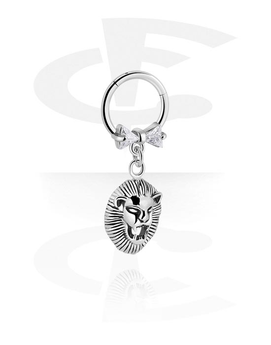 Piercinggyűrűk, Multi-purpose clicker (surgical steel, silver, shiny finish) val vel lion charm és Kristálykövek, Sebészeti acél, 316L, Bevonatos sárgaréz