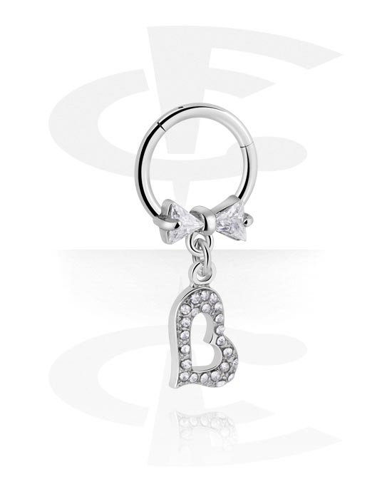 Piercing Rings, Piercing clicker (surgical steel, silver, shiny finish) with heart charm and crystal stones, Surgical Steel 316L, Plated Brass