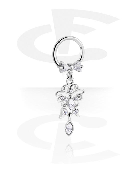 Piercing Rings, Piercing clicker (surgical steel, silver, shiny finish) with butterfly charm and crystal stones, Surgical Steel 316L, Plated Brass