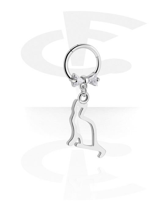 Anéis piercing, Segment ring (aço cirúrgico, prata, acabamento brilhante) com laço e pendente gato, Aço cirúrgico 316L, Latão revestido