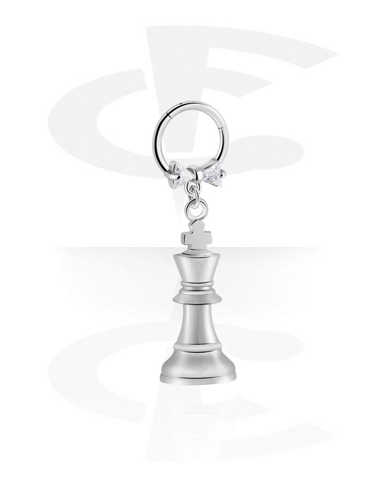 Piercingové kroužky, Piercingový clicker (chirurgická ocel, stříbrná, lesklý povrch) s přívěskem šachy a krystalovými kamínky, Chirurgická ocel 316L, Pokovená mosaz