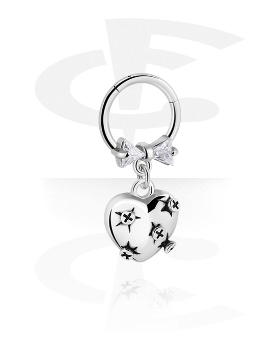 Piercing Rings, Piercing clicker (surgical steel, silver, shiny finish) with heart charm, Surgical Steel 316L, Plated Brass