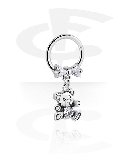 Piercing Rings, Piercing clicker (surgical steel, silver, shiny finish) with bow and teddy bear charm, Surgical Steel 316L, Plated Brass