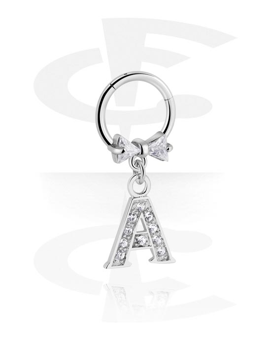 Piercinggyűrűk, Multi-purpose clicker (surgical steel, silver, shiny finish) val vel íj és charm with letter "A", Sebészeti acél, 316L, Bevonatos sárgaréz