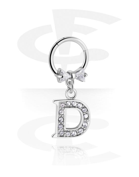 Piercinggyűrűk, Multi-purpose clicker (surgical steel, silver, shiny finish) val vel íj és charm with letter "D", Sebészeti acél, 316L, Bevonatos sárgaréz