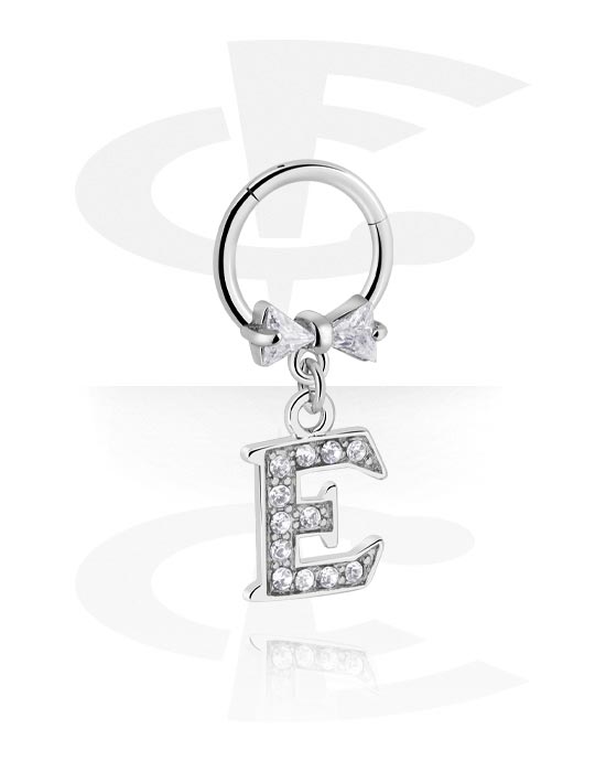 Piercing Rings, Piercing clicker (surgical steel, silver, shiny finish) with charm with letter "E" and crystal stones, Surgical Steel 316L, Plated Brass