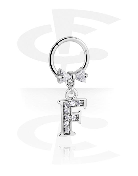 Piercing Rings, Piercing clicker (surgical steel, silver, shiny finish) with bow and charm with letter "F", Surgical Steel 316L, Plated Brass