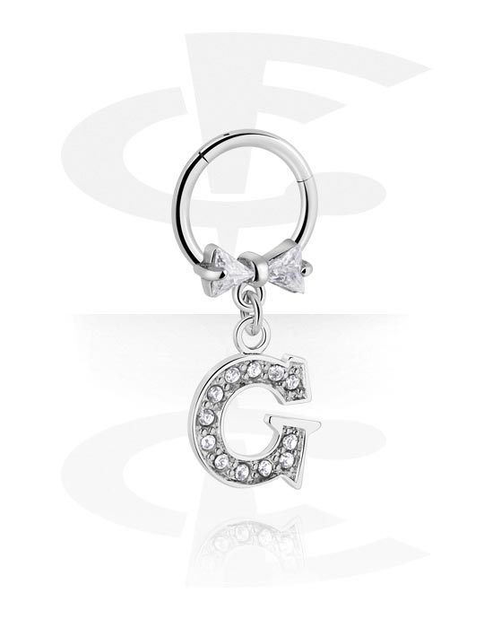 Piercing Rings, Piercing clicker (surgical steel, silver, shiny finish) with bow and charm with letter "G", Surgical Steel 316L, Plated Brass