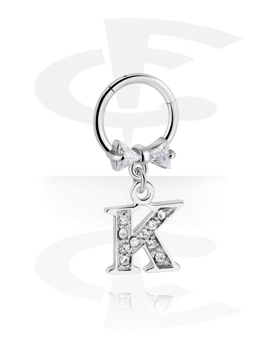 Piercinggyűrűk, Multi-purpose clicker (surgical steel, silver, shiny finish) val vel íj és charm with letter "K", Sebészeti acél, 316L, Bevonatos sárgaréz