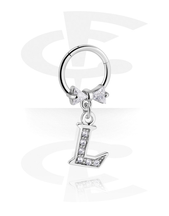 Piercing Rings, Piercing clicker (surgical steel, silver, shiny finish) with bow and charm with letter "L", Surgical Steel 316L, Plated Brass