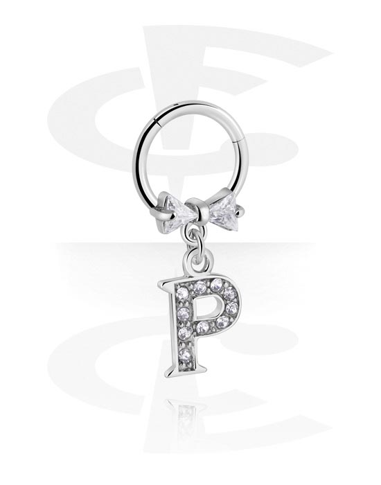 Piercing Rings, Piercing clicker (surgical steel, silver, shiny finish) with bow and charm with letter "P", Surgical Steel 316L, Plated Brass