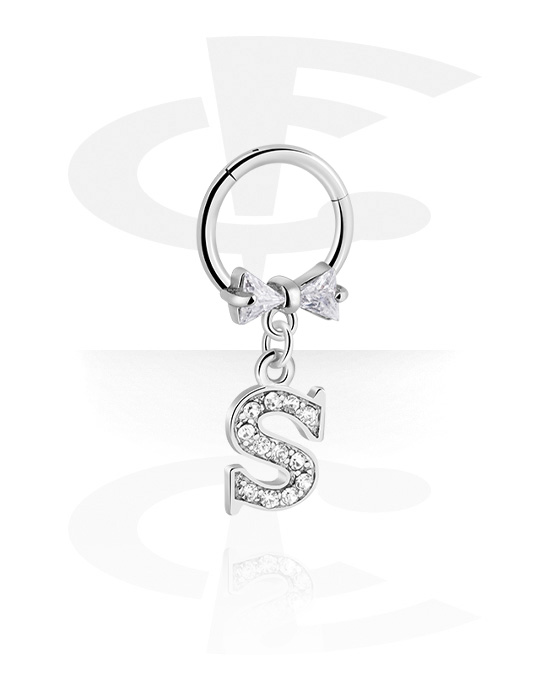 Piercing Rings, Piercing clicker (surgical steel, silver, shiny finish) with bow and charm with letter "S", Surgical Steel 316L, Plated Brass