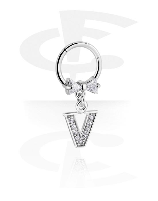 Piercing Rings, Piercing clicker (surgical steel, silver, shiny finish) with bow and charm with letter "V", Surgical Steel 316L, Plated Brass
