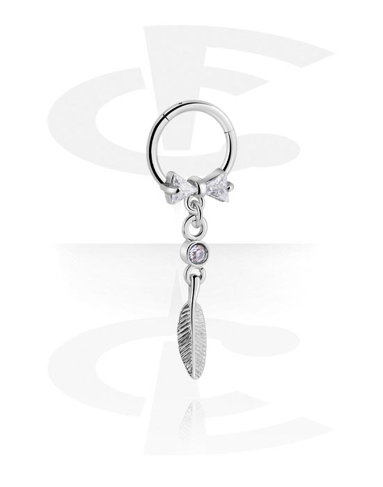 Piercing Rings, Piercing clicker (surgical steel, silver, shiny finish) with bow and feather charm, Surgical Steel 316L, Plated Brass