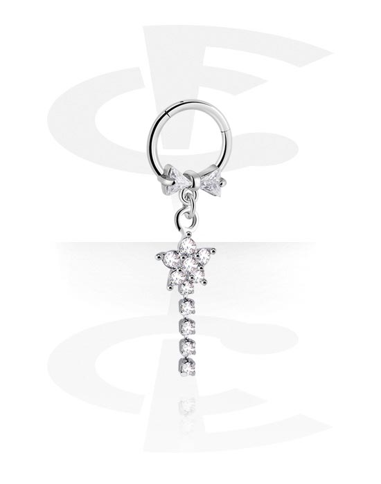 Piercing Rings, Piercing clicker (surgical steel, silver, shiny finish) with flower charm and crystal stones, Surgical Steel 316L, Plated Brass